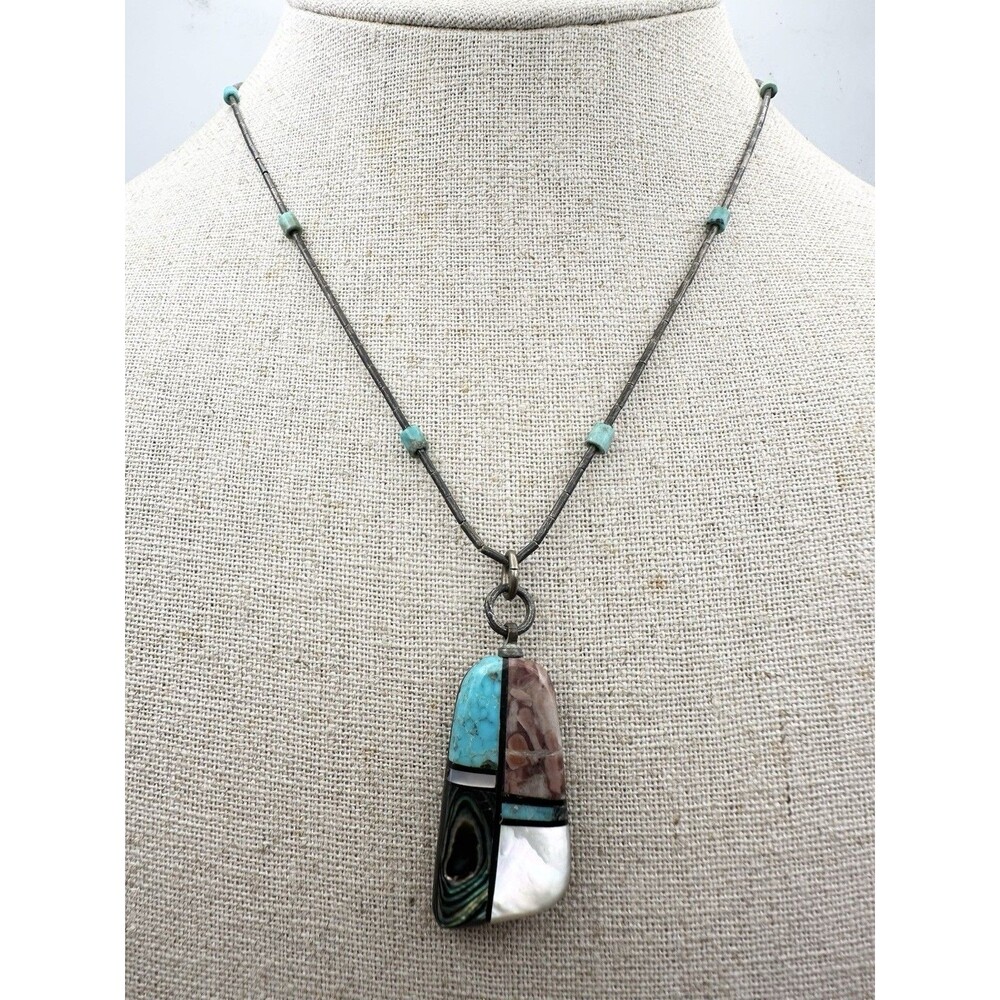 Native American Liquid Silver Turquoise Abalone MOP Pendant Necklace 16”
